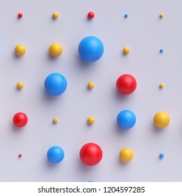 3d render, abstract colorful balls, beads, candies, pills, red blue yellow mixed colors, isolated on white background