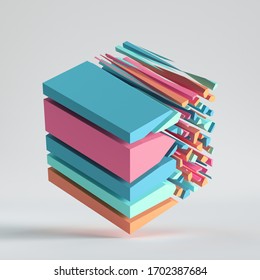 3d Render, Abstract Colorful Fragmented Cube. Blue Pink Peachy Mosaic Elements. Split Polygonal Geometric Object, Isolated On White Background. Minimal Design