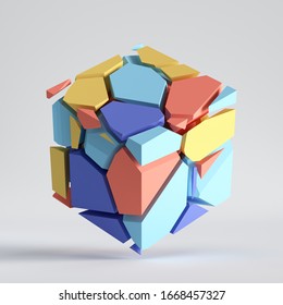 3d Render, Abstract Colorful Fragments, Broken Cube. Blue Red Yellow Polygonal Mosaic Elements. Split Geometric Object, Isolated On White Background. Modern Minimal Design