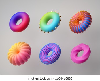 3d render  abstract colorful geometric shapes isolated white background  Torus  donut  Minimal modern concept  assorted design elements collection  futuristic game set  vibrant neon gradient toys