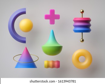 3d render  abstract colorful geometric shapes isolated white background  Minimal modern concept  assorted design elements collection  puzzle game set  vibrant neon gradient toys  postmodern style