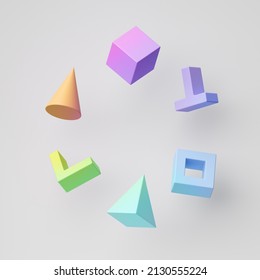 3d render  abstract colorful geometric shapes isolated white background  assorted gradient pastel elements levitating  Set different signs   symbols