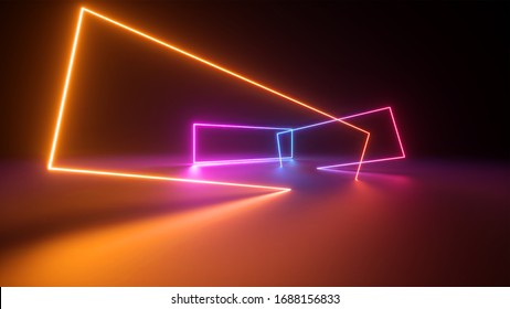 3d render, abstract colorful neon background. Stage laser show illumination. Rectangular geometric shapes, square frames, virtual reality. Glowing neon lines. Modern design