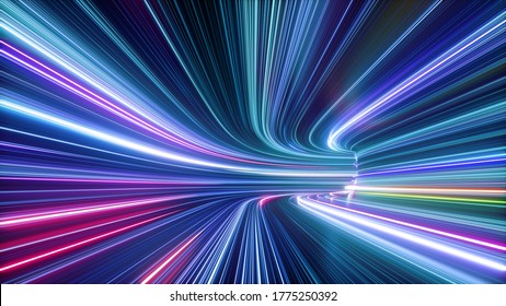 3d render, abstract colorful neon background, tunnel turning to the right, ultra violet rays, glowing lines, cyber network data, speed of light, space and time, highway night lights