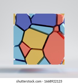 3d Render, Abstract Colorful Random Mosaic Tile, Cut Pieces, Broken Square Surface. Blue Red Yellow Elements. Split Geometric Object, Isolated On White Background. Minimal Design