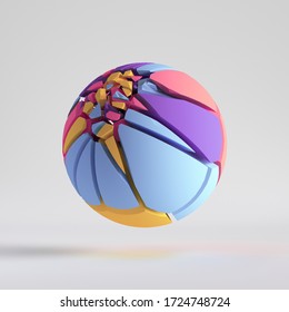 3d Render, Abstract Colorful Random Mosaic Pieces, Broken Ball, Cracked Sphere Surface. Blue Red Yellow Violet Elements. Split Geometric Object, Isolated On White Background