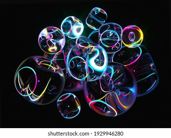 3d render abstract 3d composition and surreal transparent spheres balls balls balloons and neon glowing curve wavy lines surface in rainbow gradient color black background 