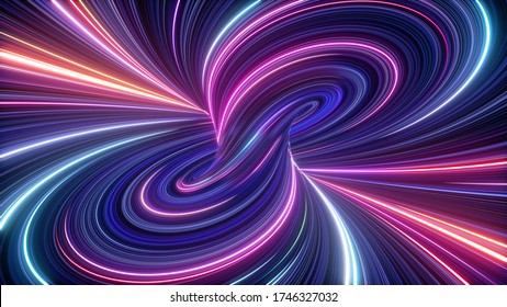 3d render, abstract cosmic background, ultra violet neon rays, glowing lines, cyber network, speed of light, space and time twist, bright swirl