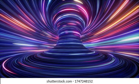 3d Render, Abstract Cosmic Background, Ultra Violet Neon Rays, Glowing Lines, Cyber Network, Speed Of Light, Space And Time Strings, Bright Twist