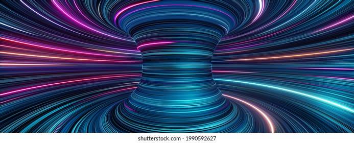 3d render, abstract cosmic panoramic background, blue pink neon rays and glowing lines. Speed of light. Fantastic vortex of space and time strings