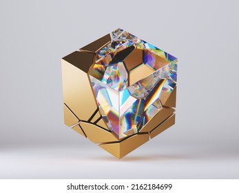 3d Render, Abstract Cracked Gold Cube Split Into Crystal And Golden Pieces, Isolated On White Background. Futuristic Unique Geometric Object. Minimal Design