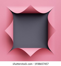 3d render. Abstract creative background with blank square frame. Pink paper with curled corners
