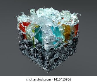 3d Render Of Abstract 3d Cube In Different Material As Concrete And Mate Color Glass In Blue Green Yellow And Red Colors 