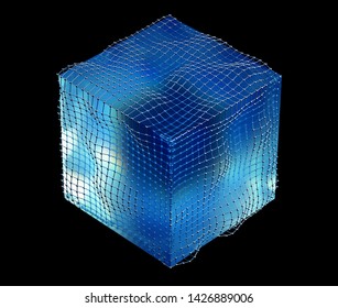 3d Render Of Abstract 3d Cube In Mate Blue Glass Material With Metal Cube Wireframe Cage Around On Black Background