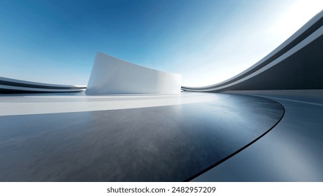 3d render of abstract curve structure futuristic architecture with empty concrete floor