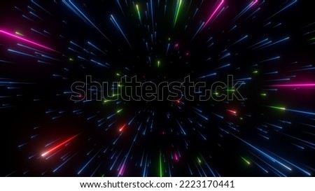 3d render, abstract dark background with colorful bright neon stars and glowing lines. Space meteor shower. Festive fireworks