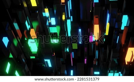 3d render. Abstract dark background neon cubes light bulbs. Visualisation of working ai bigdata or block chain technology. Different sizes cubes network flashing multicolor neon light. 3D Illustration