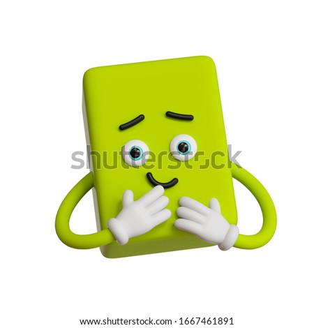 3d render, abstract emotional face icon, green emoticon clip art isolated on white background. Cute cartoon character illustration, funny shy monster, square emoji, silly cubic toy