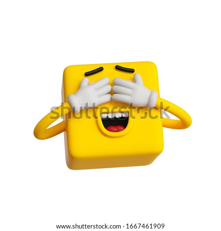 3d render, abstract emotional face icon, yellow emoticon clip art isolated on white background. Cartoon character illustration, funny monster with closed eyes playing hide and seek. square emoji