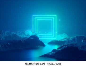 3d render  abstract esoteric background  rectangular portal  glowing square frame  blue neon lights  virtual reality  energy source  blank space  laser show  smoke  fog  ground