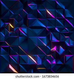 3d Render, Abstract Faceted Crystal Background, Iridescent Blue Metallic Texture, Triangle Tiles, Geometrical Crystallized Wallpaper, Modern Fashion Concept