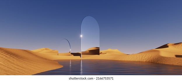 3d render  abstract fantastic background  Desert landscape and sand water   mirror arches under the clear blue sky