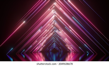 3d render, abstract fantastic neon background with red laser rays and glowing lines. Empty performance stage with reflection