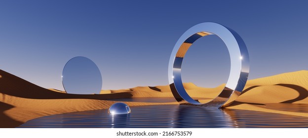 3d render  abstract fantastic panoramic background and round mirror geometric shapes among the desert sand dunes  Landscape under the clear blue sky  Modern minimal aesthetic wallpaper
