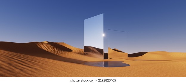 3d render  abstract fantastic panoramic background  Desert landscape and sand water   square mirror under the clear blue sky  Modern minimal aesthetic wallpaper