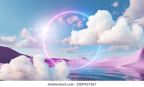 3d render, abstract fantasy background. Surreal fantastic landscape. Blue sky, white fluffy clouds, neon round linear frame, calm water, pink sand dunes. Virtual reality paradise wallpaper