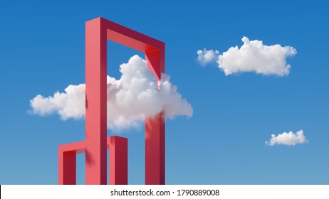 3d Render, Abstract Fantasy Cloudscape On A Sunny Day, White Clouds Fly Under The Red Gates On The Blue Sky. Square Portal Construction. Minimal Surreal Dream Concept