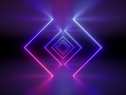 3d Render, Abstract Fashion Background, Glowing Lines, Violet Neon Lights, Ultraviolet Neon Square Portal, Tunnel, Corridor, Virtual Reality, Arch, Pink Blue Vibrant Colors, Laser Show
