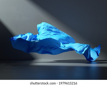 3d render. Abstract fashion background with blue drapery falling on the floor inside the dark room illuminated with light. Silk textile is blown away by the wind