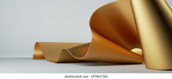 3d Render. Abstract Fashion Background With Golden Folded Ribbon Inside White Room. Gold Metallic Foil Scroll