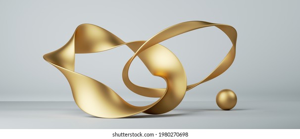 3d Render, Abstract Fashion Background With Twisted Mobius Ribbons, Connected Links, Paper Stripe Macro, Golden Foil