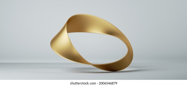 3d render, abstract fashion background with twisted mobius ribbon, paper stripe macro, golden foil