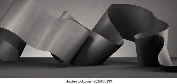 3d render. Abstract fashion background with black wavy folded ribbon inside dark room. Curvy scroll