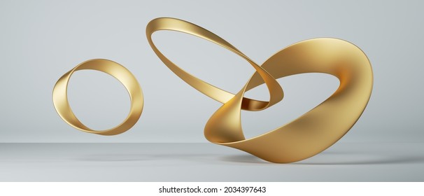 3d render, abstract fashion background with mobius ribbon linked rings, paper stripe macro, golden foil
