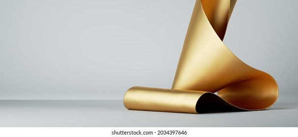 3d Render, Abstract Fashion Background With Folded Gold Ribbon, Paper Stripe Macro, Golden Foil Scroll