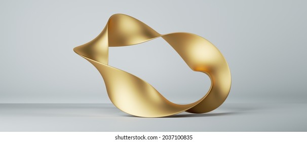 3d Render, Abstract Fashion Background With Mobius Ribbon Twisted Ring, Paper Stripe Macro, Golden Foil