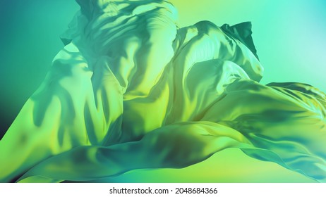 3d Render. Abstract Fashion Background With Mint Green Drapery. Silk Cloth Is Blown Away By The Wind