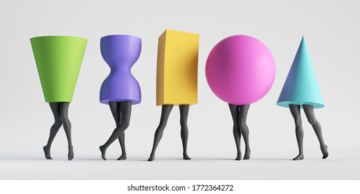 3d Render, Abstract Female Body Type. Colorful Geometric Shapes With Black Legs Isolated On White Background. Minimal Modern Fashion Clip Art