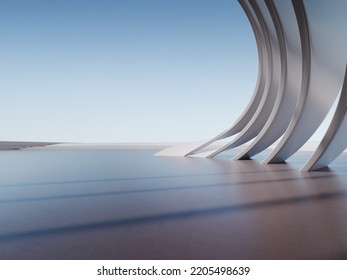 3d Render Of Abstract Futuristic Architecture With Concrete Floor. Car Presentation.