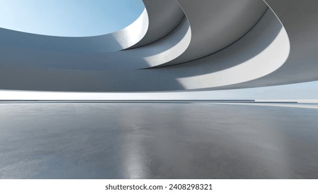 3d render of abstract futuristic architecture with empty concrete floor. Scene for car presentation.