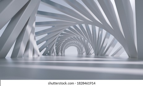 3d Render, Abstract Futuristic Background. White Spiral Tunnel With Daylight.