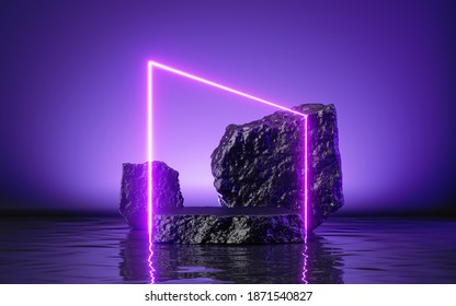 3d render, abstract futuristic background with black rocks, cobble platform, neon geometric arch and reflection in the water. Empty podium. Blank showcase scene for product presentation
