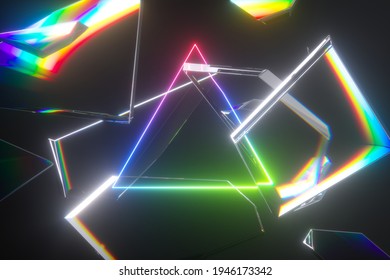 3d Render, Abstract Futuristic Background, Triangular Frame Broken Glass Debris And Neon Light Colorful Spectrum, Glowing Laser Rays