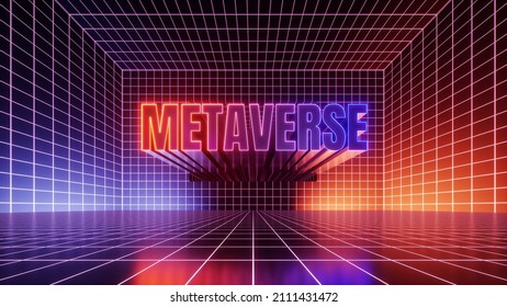 3d Render, Abstract Futuristic Background. Metaverse Sign Glowing With Violet Red Neon Light Inside The Empty Virtual Room, Cyber Space