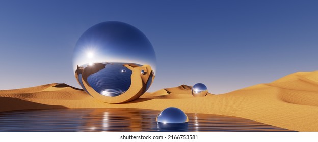 3d Render, Abstract Futuristic Background. Desert Landscape With Sand Water And Glossy Metallic Balls Under The Clear Blue Sky