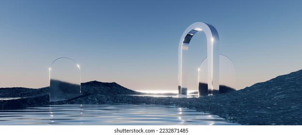 3d render  abstract futuristic background and geometric shapes  minimalist zen scenery  panoramic seascape wallpaper  Calm water  black rocks  chrome arch  mirror   pastel blue gradient sky